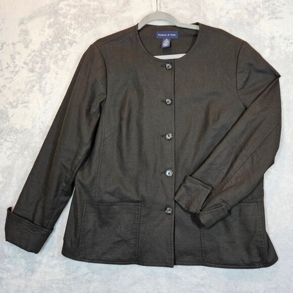 Preston & York Linen Blazer Womens 16 Black flip cuff collarless button career - Picture 1 of 11